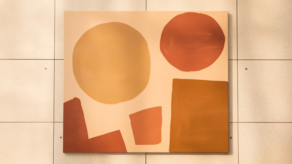 Abstract wall art painted on canvas with geometric shapes in warm tones hanging