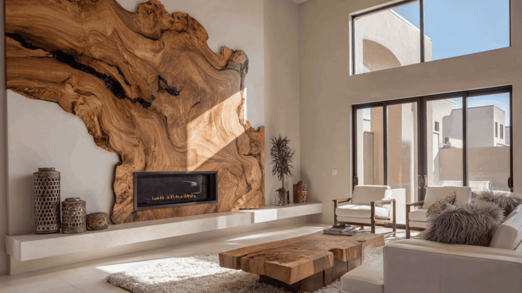 Acacia live edge wood fireplace accent wall with modern minimalist décor