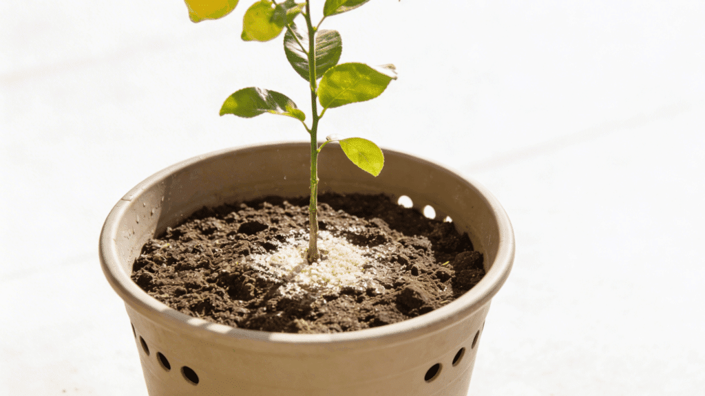 Adding citrus fertilizer around base of lemon tree