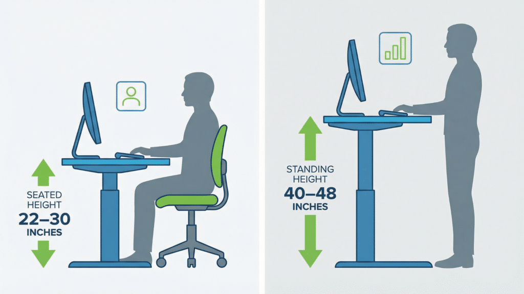 Adjustable standing desk showing seated and standing height ranges