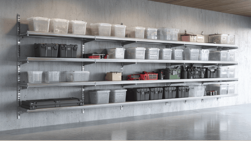Adjustable wall-mounted garage shelving with vertical tracks