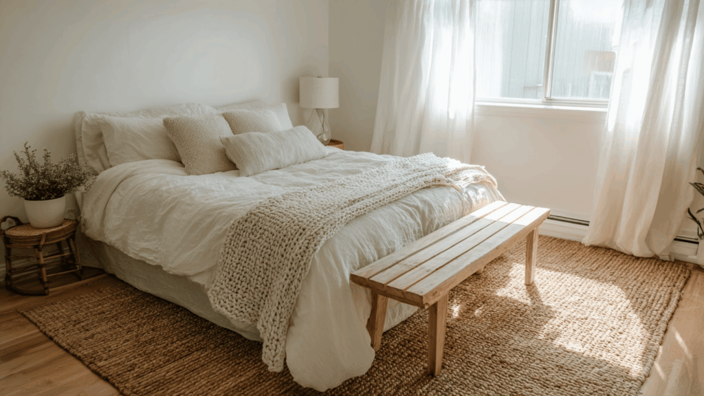 All white bedroom with layered textures and soft natural light