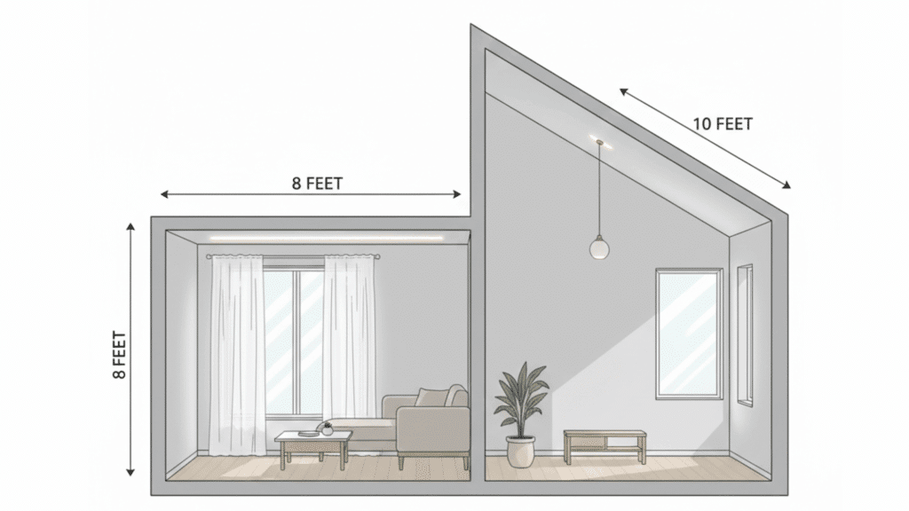 An 8x8 foot section with a sofa and curtains, and an adjoining section with a vaulted ceiling measuring 10 feet along the slope, featuring a window and hanging light fixture.