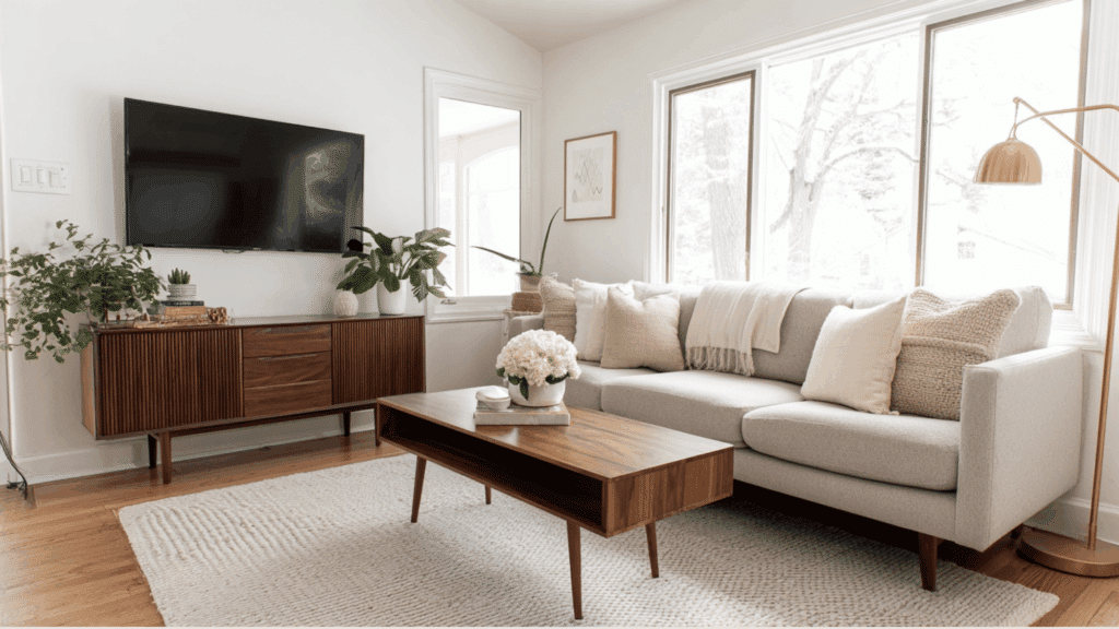 Apartment friendly mid century modern living room with compact layout