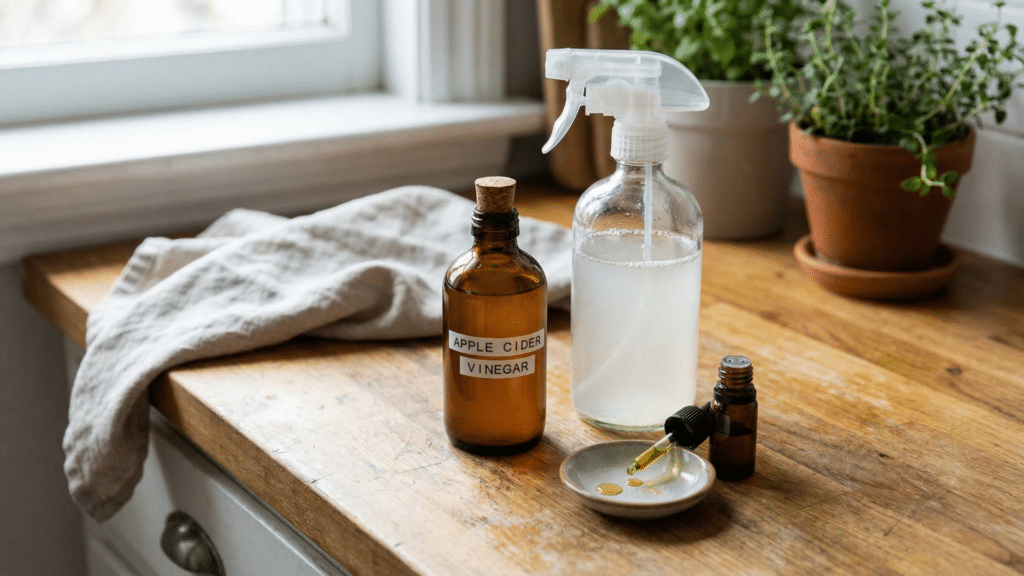 Apple cider vinegar mosquito repellent spray ingredients kept on a wooden table