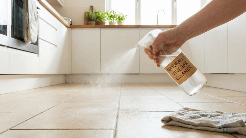 Applying diluted vinegar solution to clean ceramic tile floors and remove grease buildup
