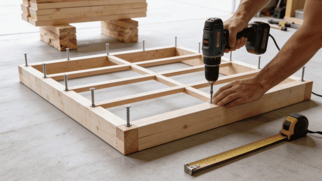 Assembling 2x4 garage shelf frame on flat garage floor