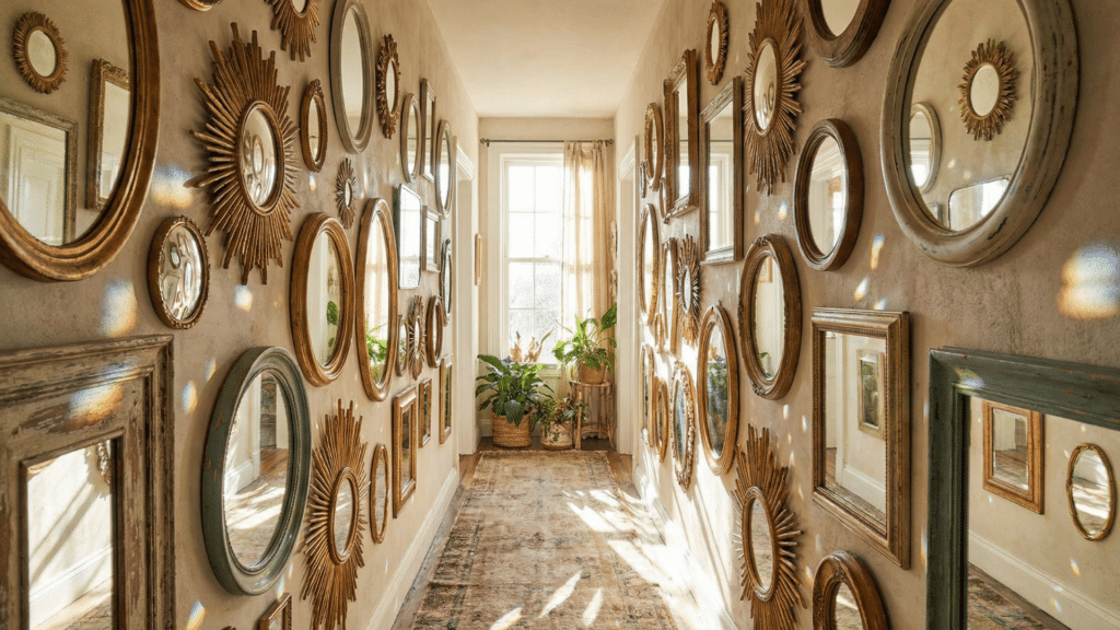 Assorted mirror gallery wall reflecting natural light in a narrow hallway