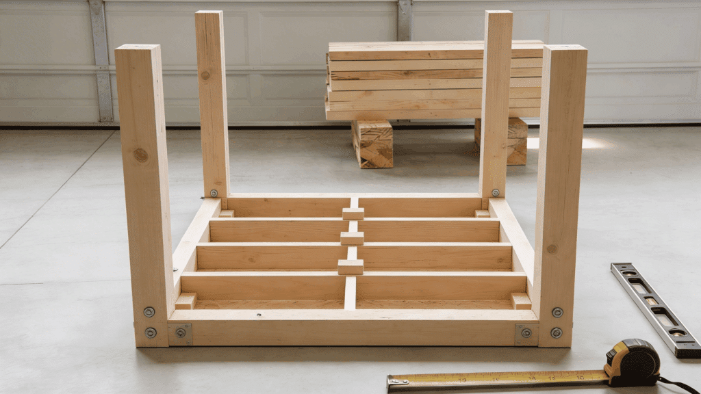 Attaching vertical 2x4 legs to garage shelving unit