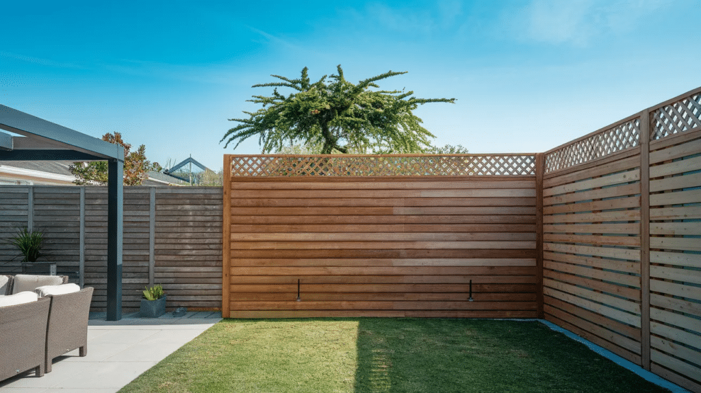 Backyard displaying different popular wood fence styles in a single view