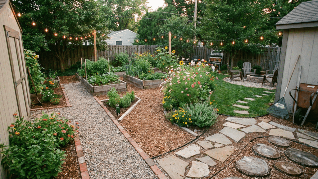Backyard with multiple budget-friendly DIY garden paths made from gravel, mulch, stepping stones, and wood rounds, surrounded by plants