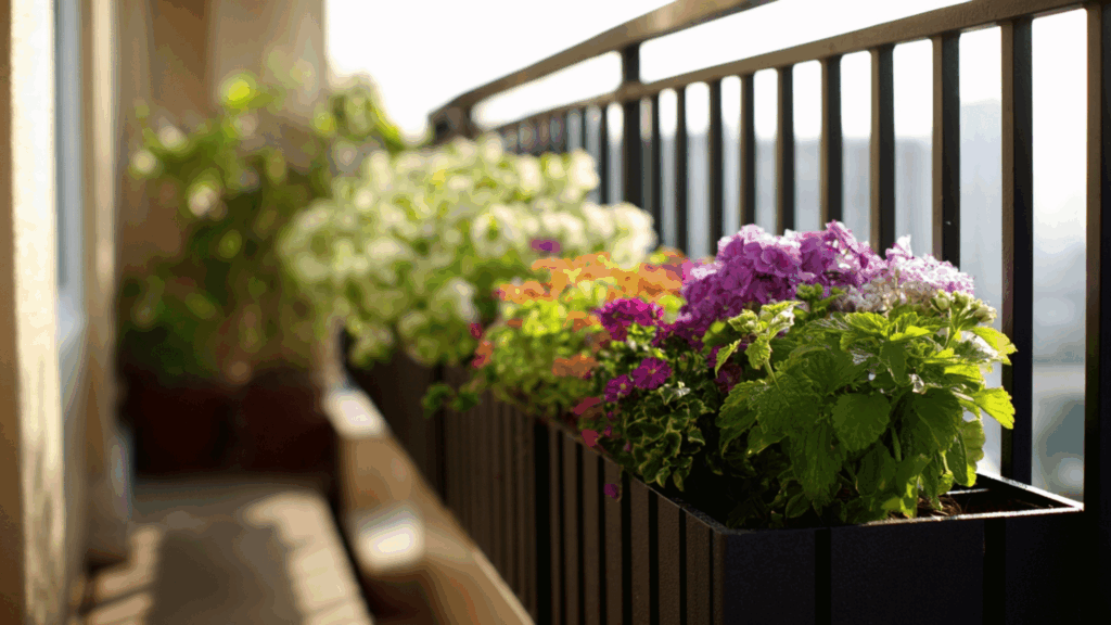 Balcony railing planters growing herbs and flowers neatly (1)