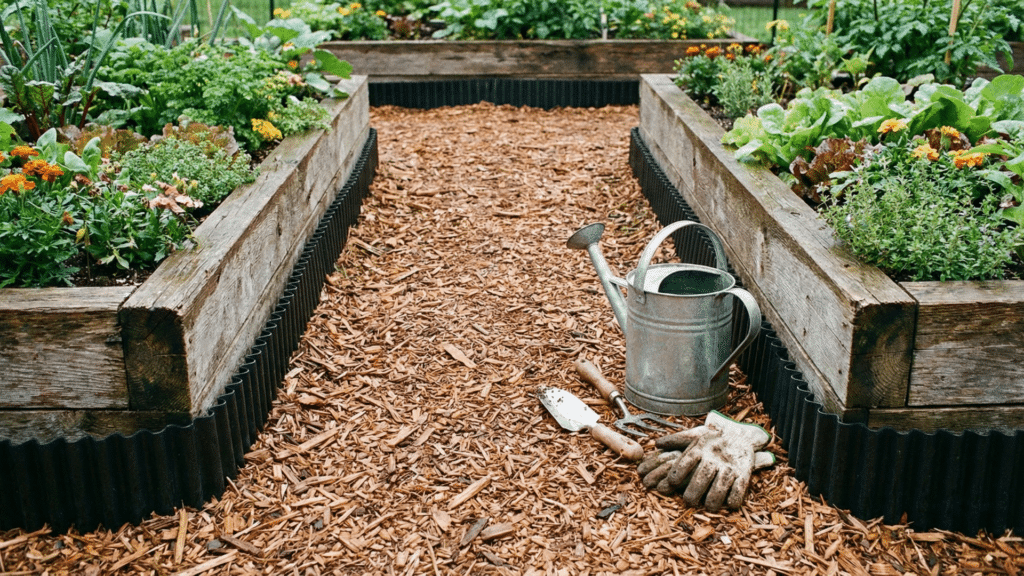 Bark mulch path between raised beds with dark edging and garden plants on both sides
