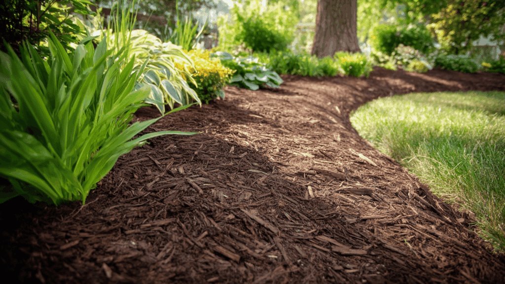 Bark mulch ridges creating soft natural garden edging