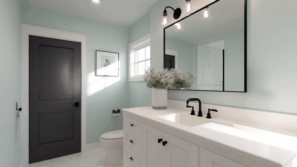 Bathroom with pale aqua walls and charcoal trim.