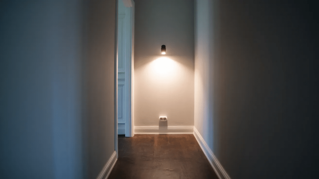 Battery operated stick on lights brightening hallway