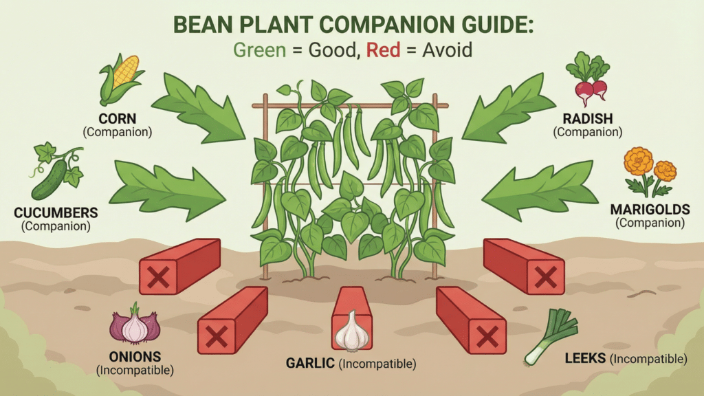 Bean companion planting chart showing good companions like corn and cucumbers and bad companions like onions and garlic