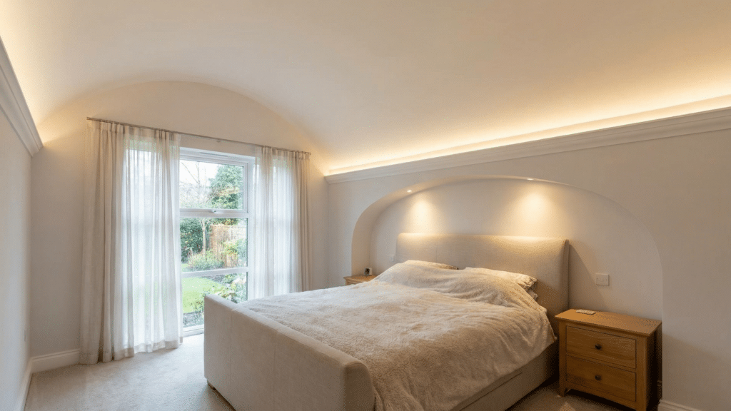 Bedroom featuring a soft cove vaulted ceiling that gently curves from the walls into the ceiling without sharp corners