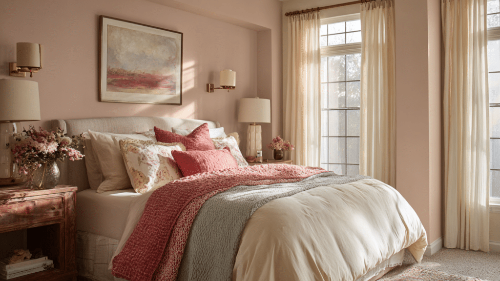 _Bedroom painted in Sherwin-Williams Sashay Sand SW 6051 with layered cream and sage bedding
