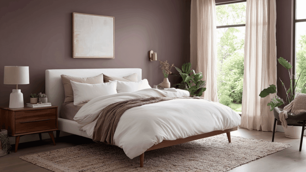 Bedroom with Cinnamon Slate walls and white bedding in soft lighting.