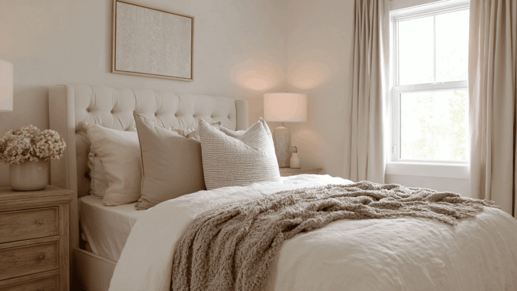 Bedroom with Oyster White walls, cream headboard, and soft warm lighting
