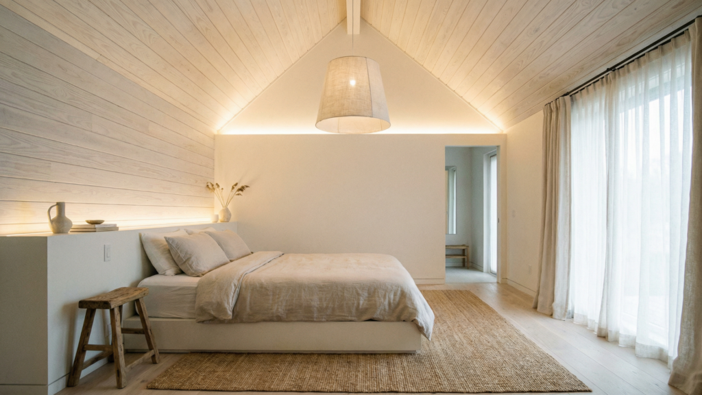 Bedroom with a white tongue and groove cathedral ceiling and soft natural lighting