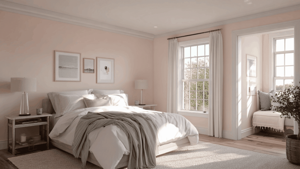 Bedroom with blush pink walls and alabaster white trim.