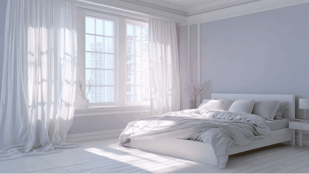 Bedroom with lavender mist walls and bright white trim.
