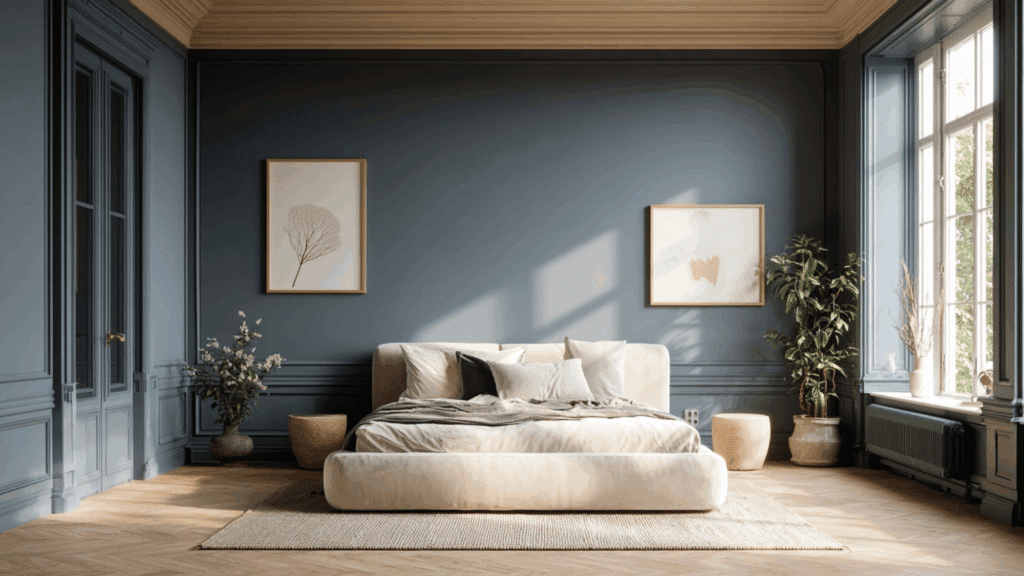 Bedroom with slate blue walls and sandstone trim.