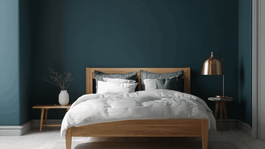 Bedroom with smoky teal walls and frost white trim.