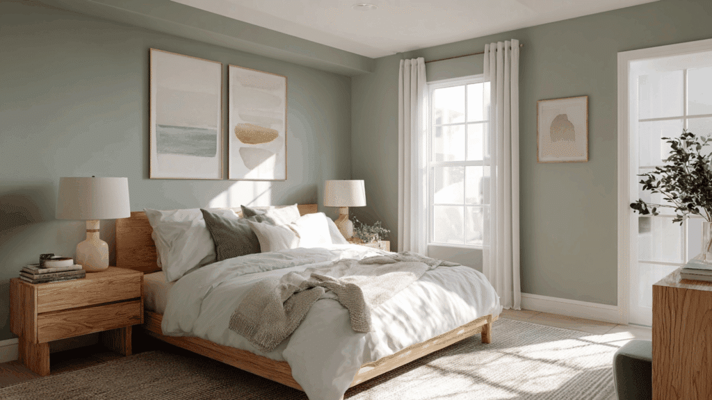 Bedroom with soft sage green walls and bright white trim.