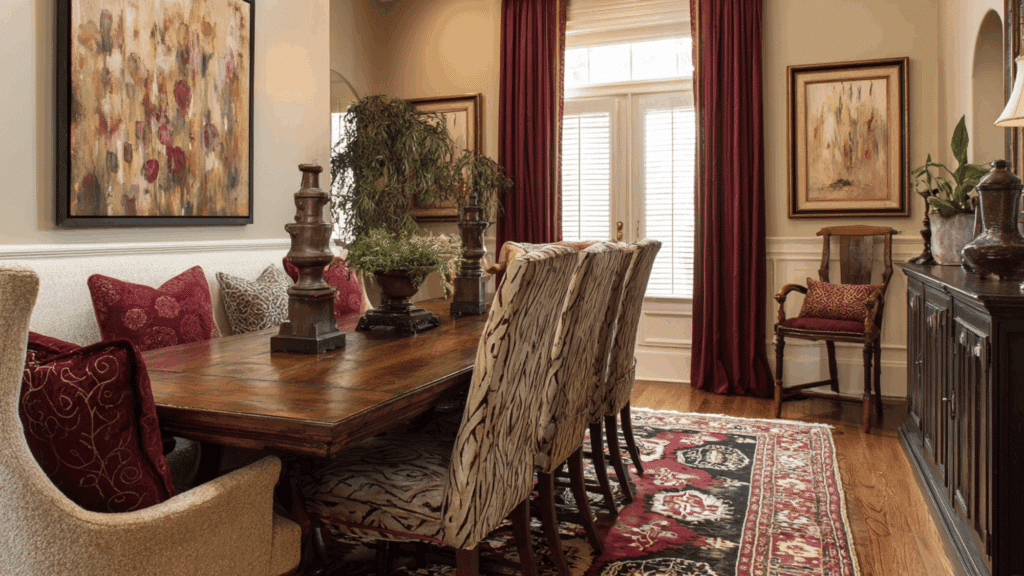 Beige and burgundy traditional room with warm wood tones and cozy accents