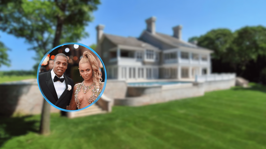 Beyoncé and Jay-Z portrait superimposed over a blurred image of a large white luxury home with a green lawn