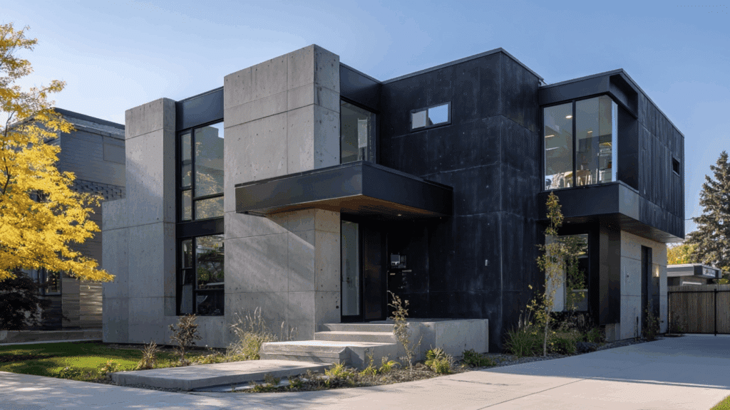 Black and gray two tone modern house exterior with clean architectural style