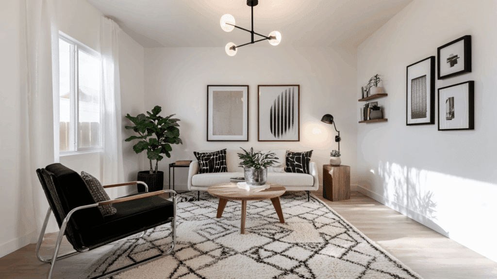 Black and white mid century modern living room with wood accents