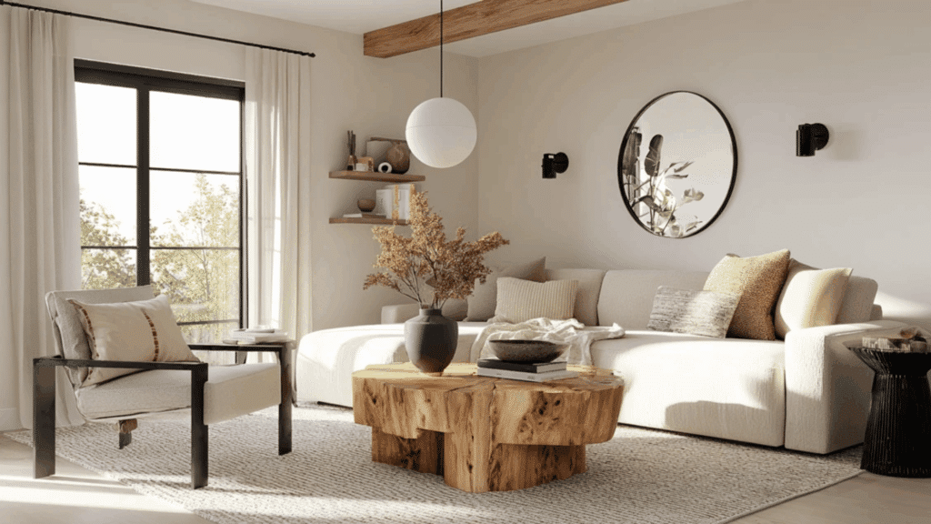 Black metal accents adding contrast in a warm organic modern living room