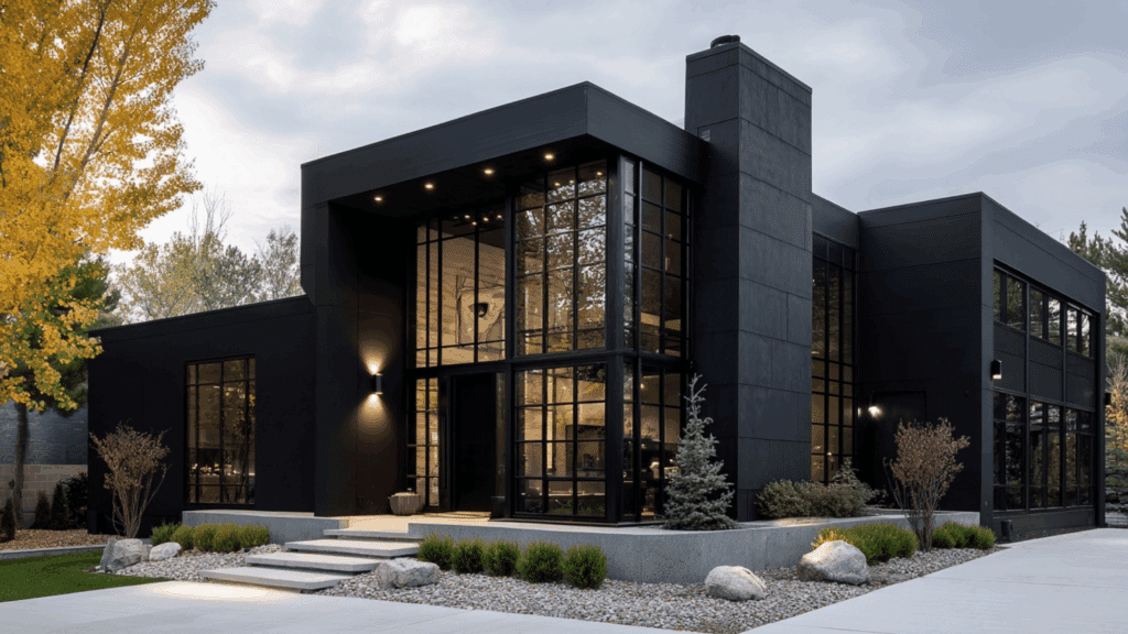 Black modern house exterior with black window frames and sleek design