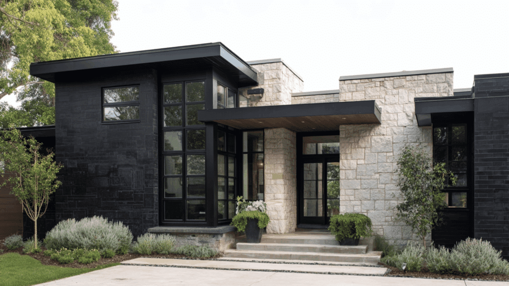 Black modern house exterior with stone accents for texture and contrast