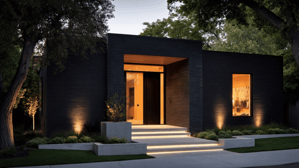 Black modern house exterior with warm lighting for inviting curb appeal