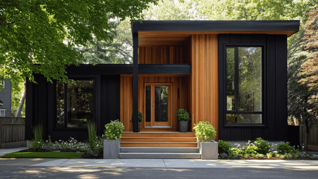 Black modern house exterior with wood accents and large windows.