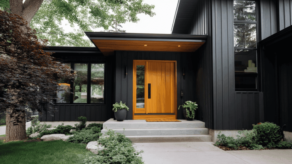 Black modern house with a bold wood front door as a focal point