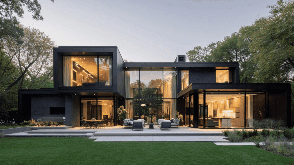 Black modern house with large floor to ceiling glass windows