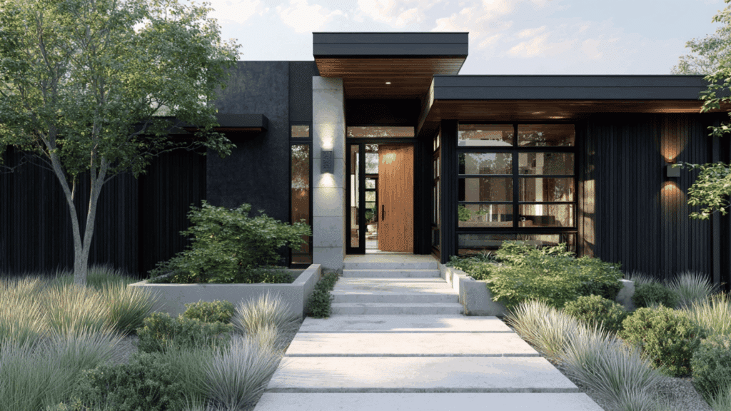 Black modern house with minimalist entryway and clean front design