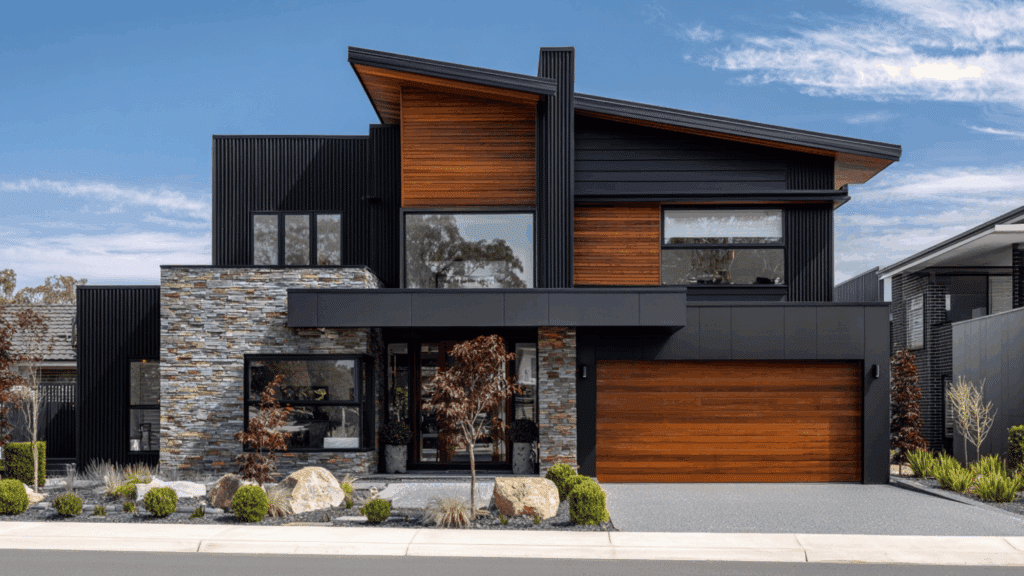 Black modern house with sloped roof architecture and clean exterior design