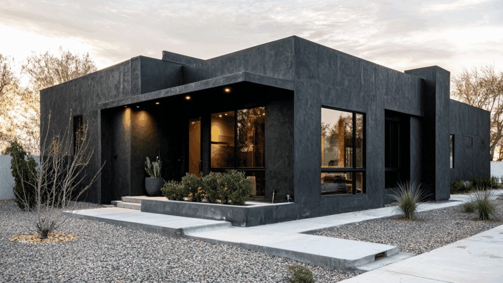 Black stucco modern house exterior with smooth finish and simple design