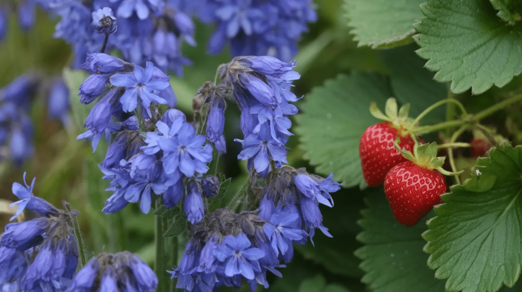 Blue borage flowers growing beside ripe strawberries in a garden.