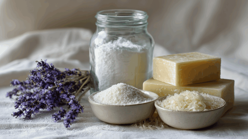 Borax-free homemade laundry detergent jar with baking soda and soap ingredients