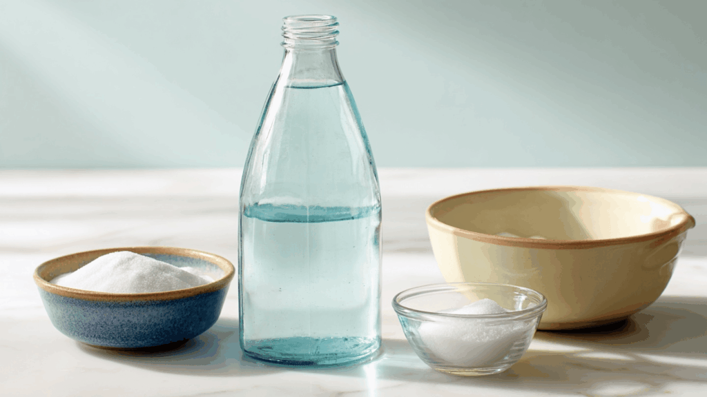 Bottle of homemade liquid laundry detergent with ingredients arranged neatly