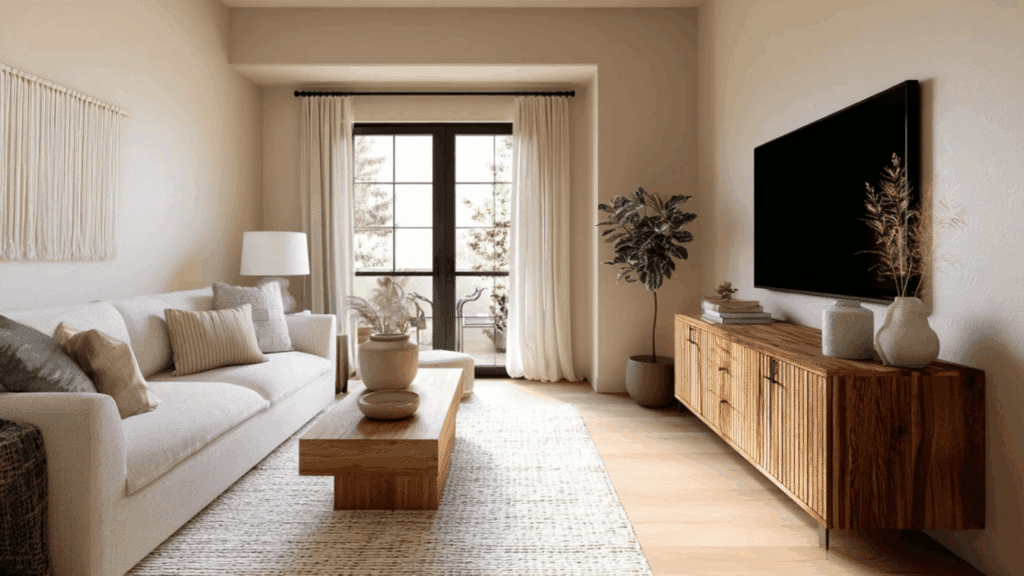 Bouclé accent chairs bringing cozy texture to an organic modern living room