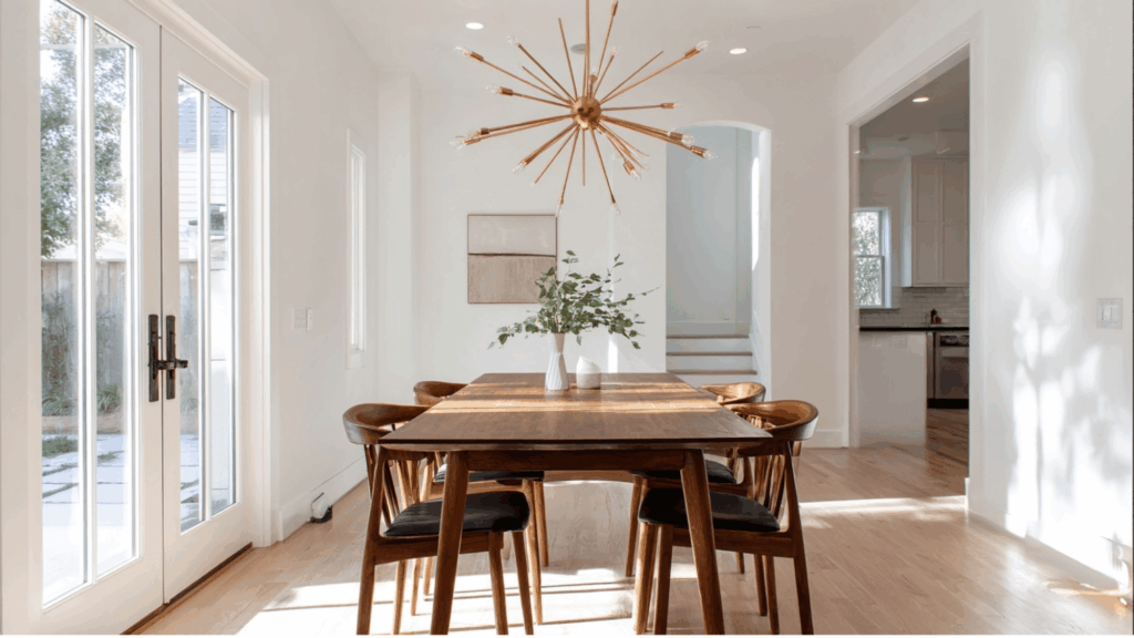 Brass Sputnik chandelier above wooden dining table